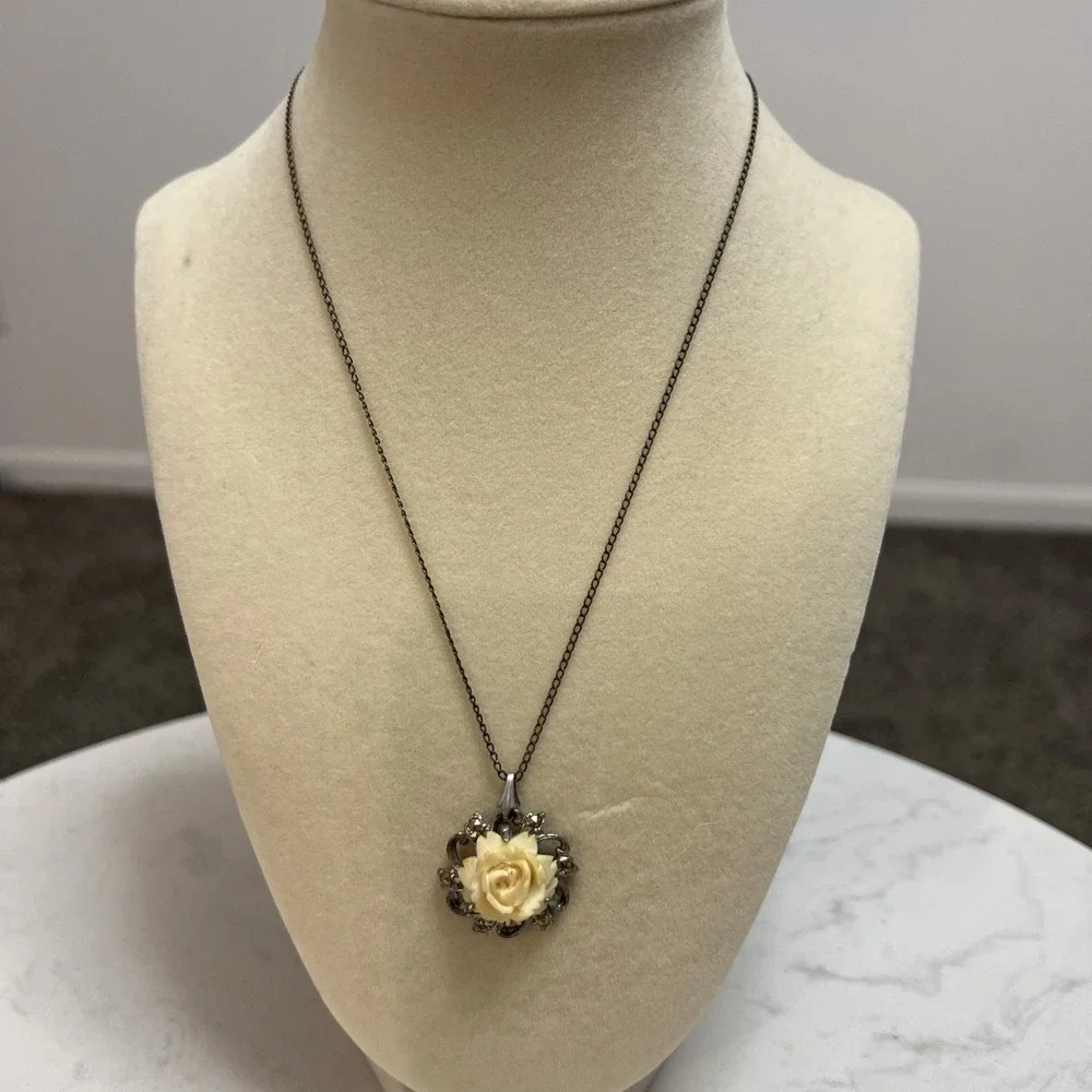 Vtg Florenza celluloid flower scrolling filigree marcasite Victorian Revival HTF